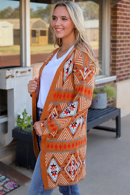 Brown Aztec Geometric Knit Open Front Cardigan - Chic Meadow Boutique 