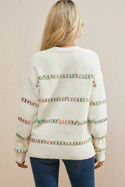 White Colorful Crossed Stitch Drop Shoulder Sweater - Chic Meadow Boutique 