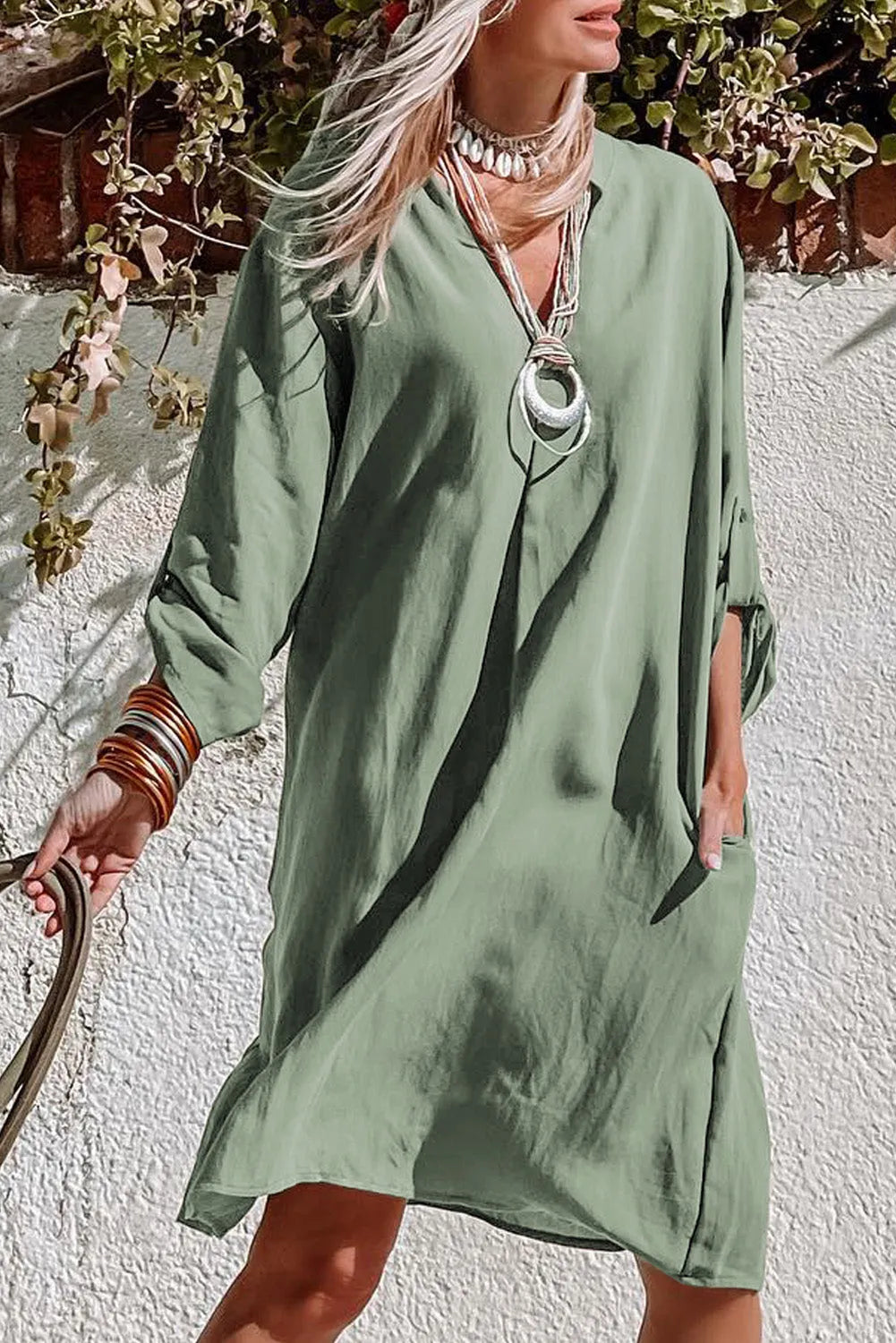 Green Roll-tab Sleeve Flowy Casual Dress - Chic Meadow Boutique 