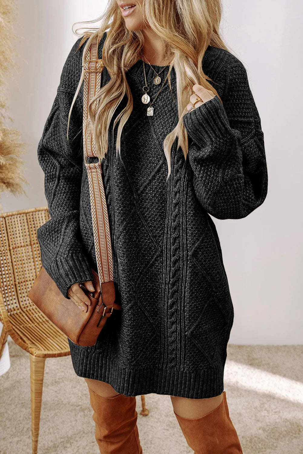 Black Cable Knit Drop Shoulder Loose Fit Sweater Dress - Chic Meadow Boutique 