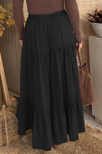 Black Elastic Waist Ruffled Tiered Flared Denim Maxi Skirt
