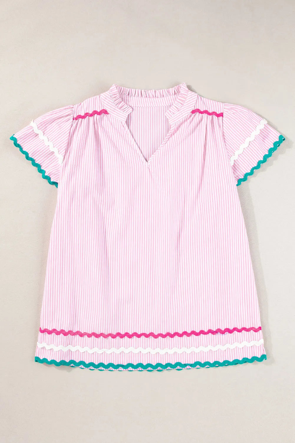 Pink Stripe Ricrac Trim Split Neck Striped Ruffled Sleeve Blouse - Chic Meadow Boutique 