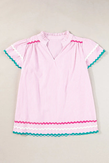 Pink Stripe Ricrac Trim Split Neck Striped Ruffled Sleeve Blouse - Chic Meadow Boutique 