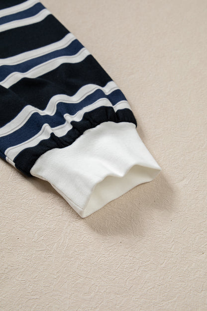 Blue Stripe Ribbed Color Block Trim Round Neck Dropped Shoulder Sweatshirt