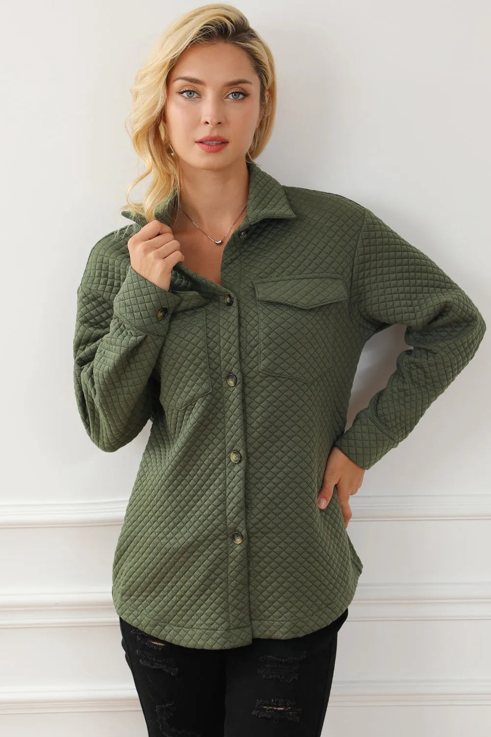 Green Retro Quilted Flap Pocket Button Shacket - Chic Meadow Boutique 