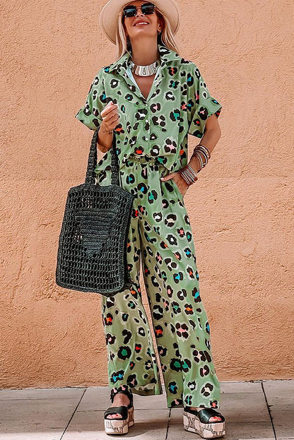 Green Leopard Print Short Sleeve Shirt and Wide Leg Pants Set