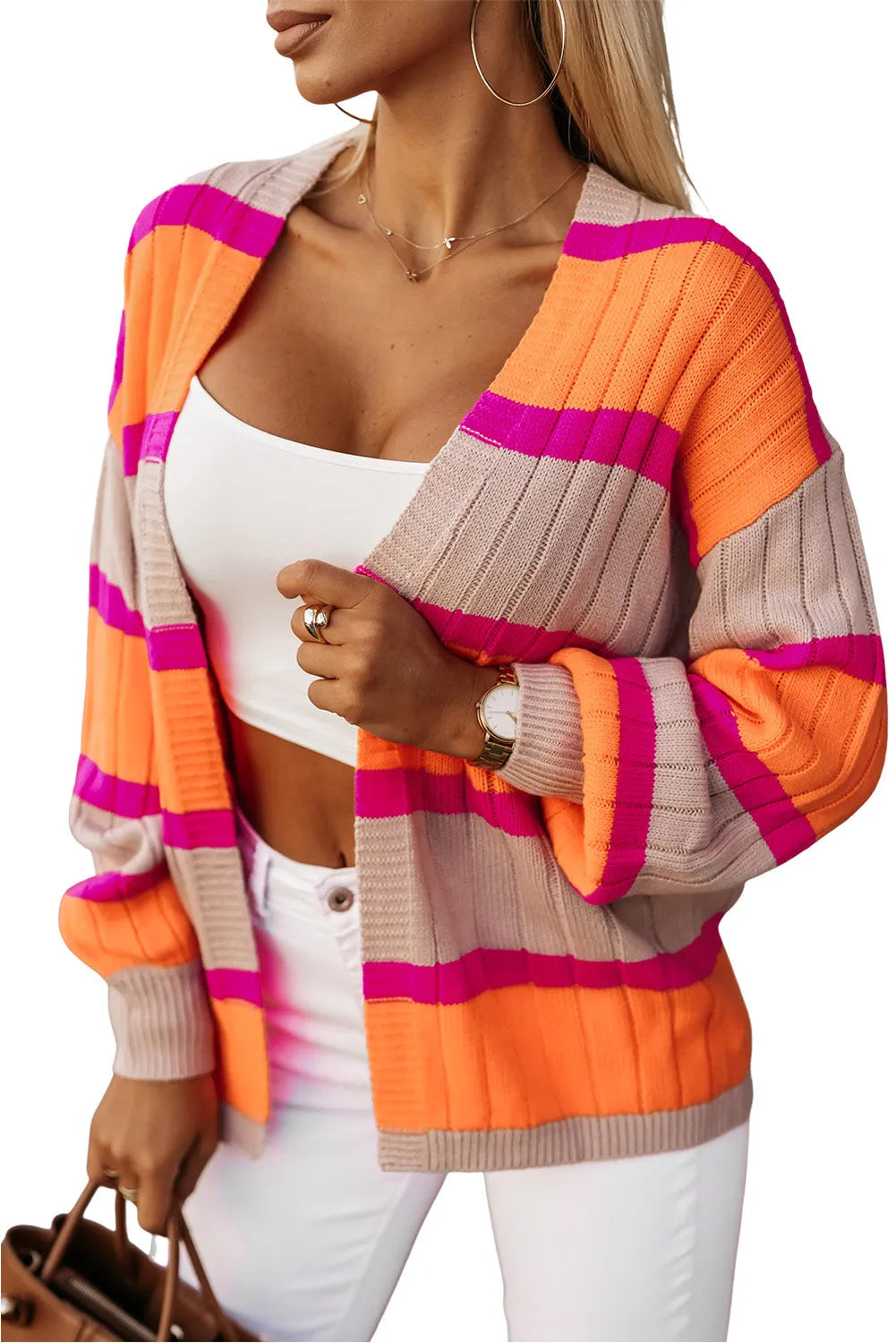 Orange Striped Colorblock Drop Shoulder Slouchy Cardigan - Chic Meadow Boutique 