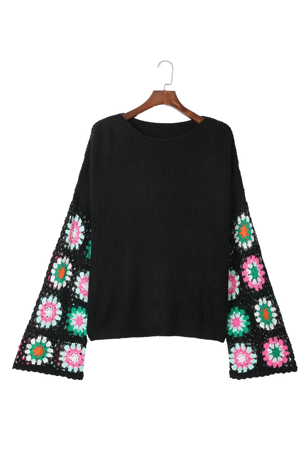 Black Floral Crochet Bell Sleeve Loose Sweater - Chic Meadow Boutique 