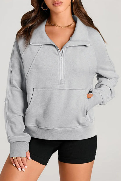 Light Grey Quarter Zip Stand Neck Kangaroo Pocket Sweatshirt - Chic Meadow Boutique 