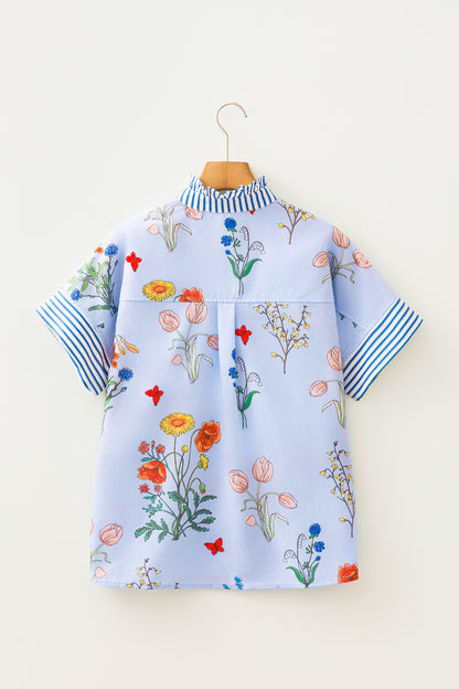 Sky Blue Floral Striped Patchwork Ruffled Collar Short Sleeve Shirt