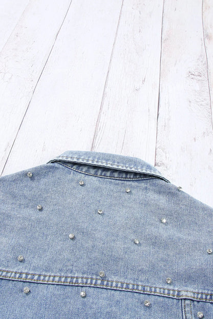 Mist Blue Rhinestones Studded Denim Jacket - Chic Meadow Boutique 