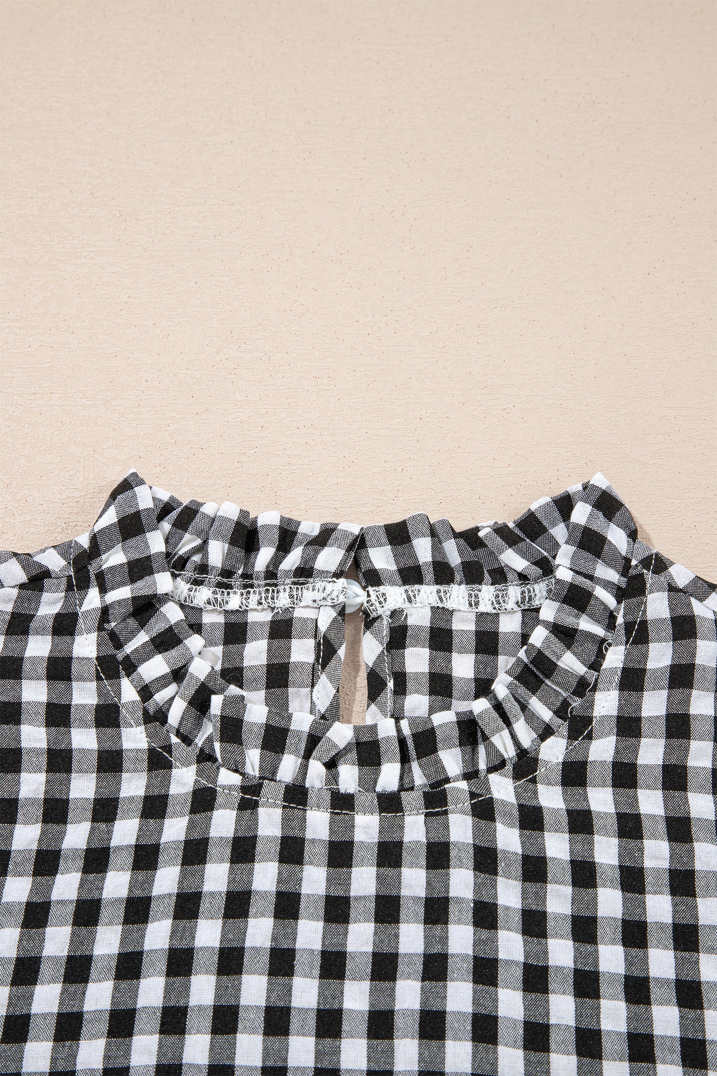 Black Plaid Short Puff Sleeve Frilled Neck Blouse