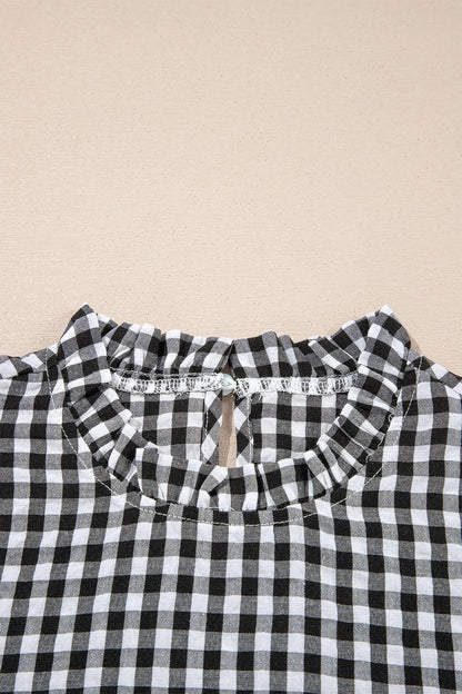 Black Plaid Short Puff Sleeve Frilled Neck Blouse