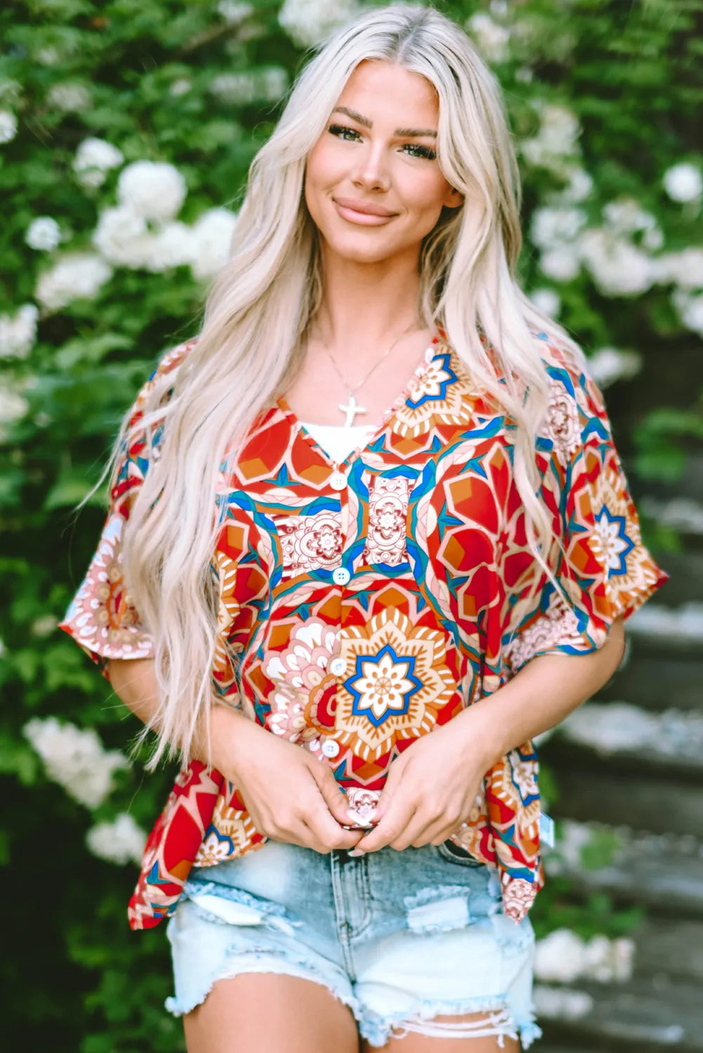 Red Floral Print Batwing Sleeve V Neck Blouse - Chic Meadow Boutique 