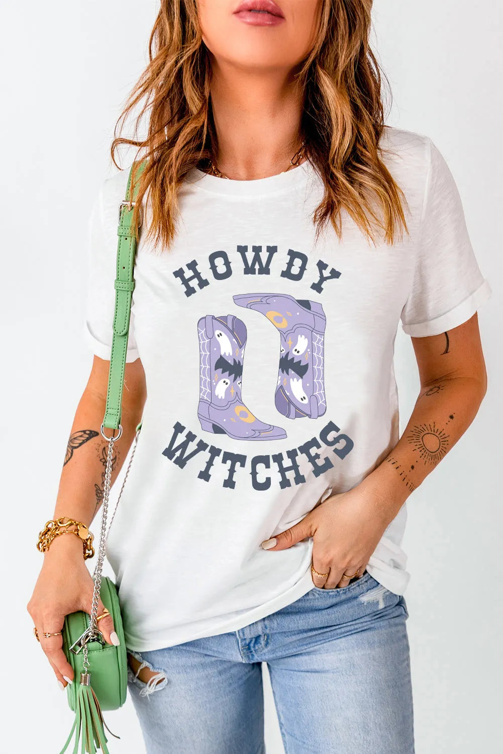 White HOWDY WITCHES Halloween Boots Crewneck T Shirt - Chic Meadow Boutique 