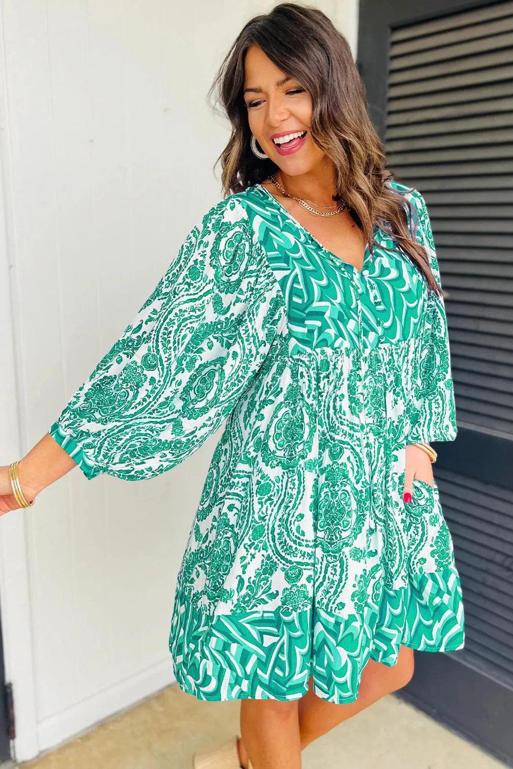 Dresses/Mini Dresses Green Bohemian Print Puff Sleeve Tied V Neck Flared Mini Dress