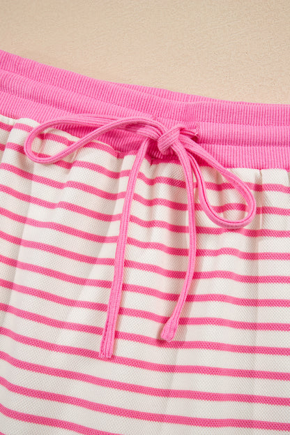 Pink Stripe Collared V Neck Drop Shoulder Pullover and Skort 2pcs Outfit