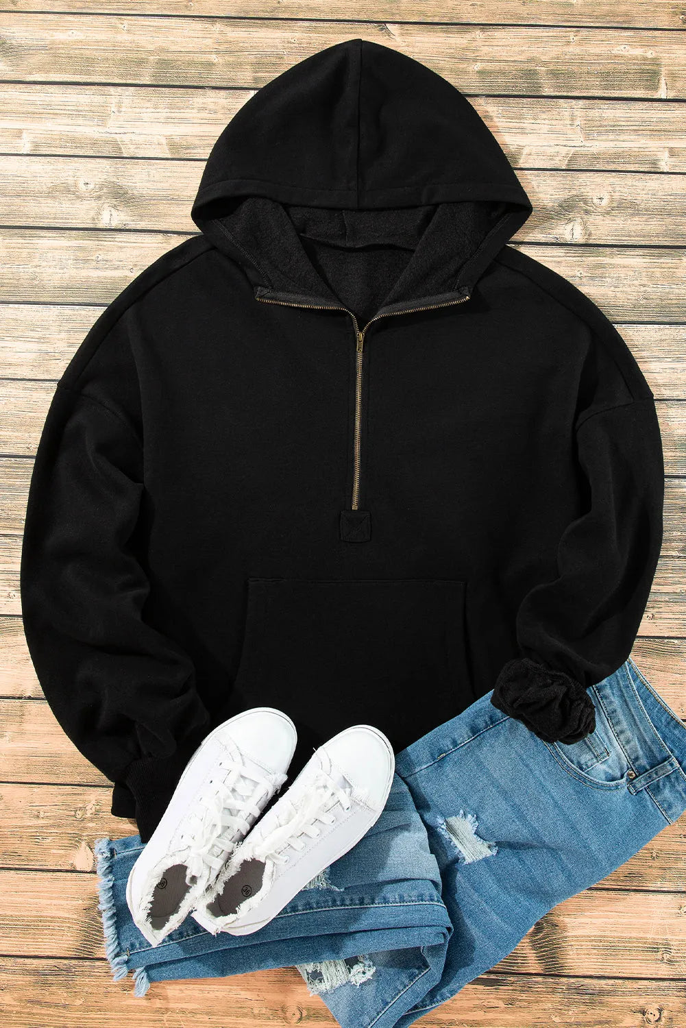 Black Fleece Lined Half Zipper Kangaroo Pockets Loose Hoodie - Chic Meadow Boutique 