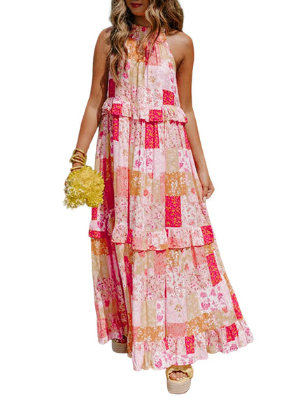 Multicolor Boho Geometric Floral Print Sleeveless Maxi Dress - Chic Meadow Boutique 