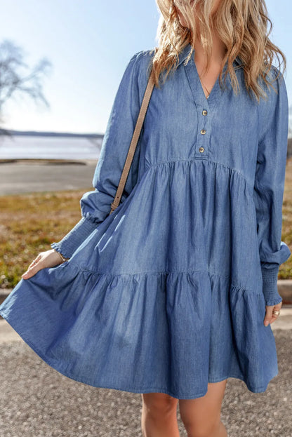 Dusk Blue Smocked Cuff Buttoned Tiered Denim Mini Dress - Chic Meadow Boutique 