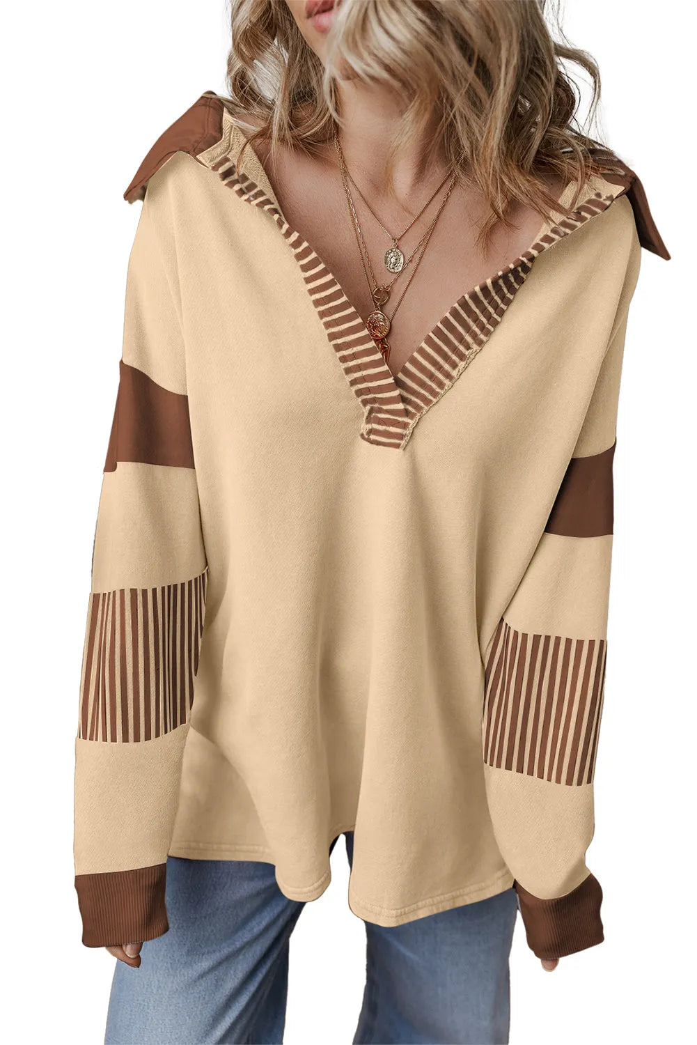 Light French Beige Striped Colorblock Patchwork Collar Sweatshirt - Chic Meadow Boutique 