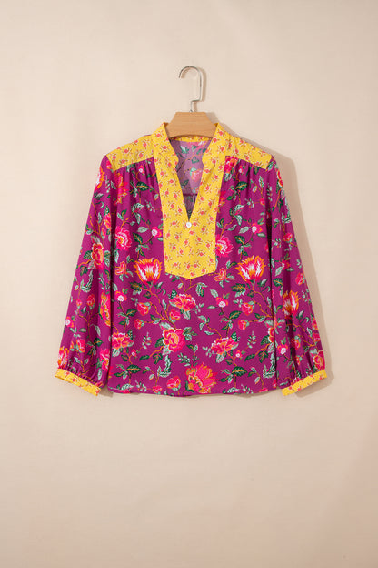 Rose Contrast Placket Split V Neck Floral Blouse