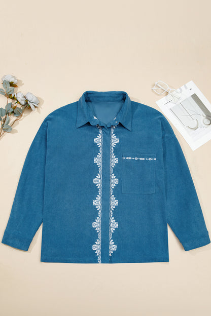 Blue Embroidered Corduroy V-Neck Long Sleeve Plus Size Shirt