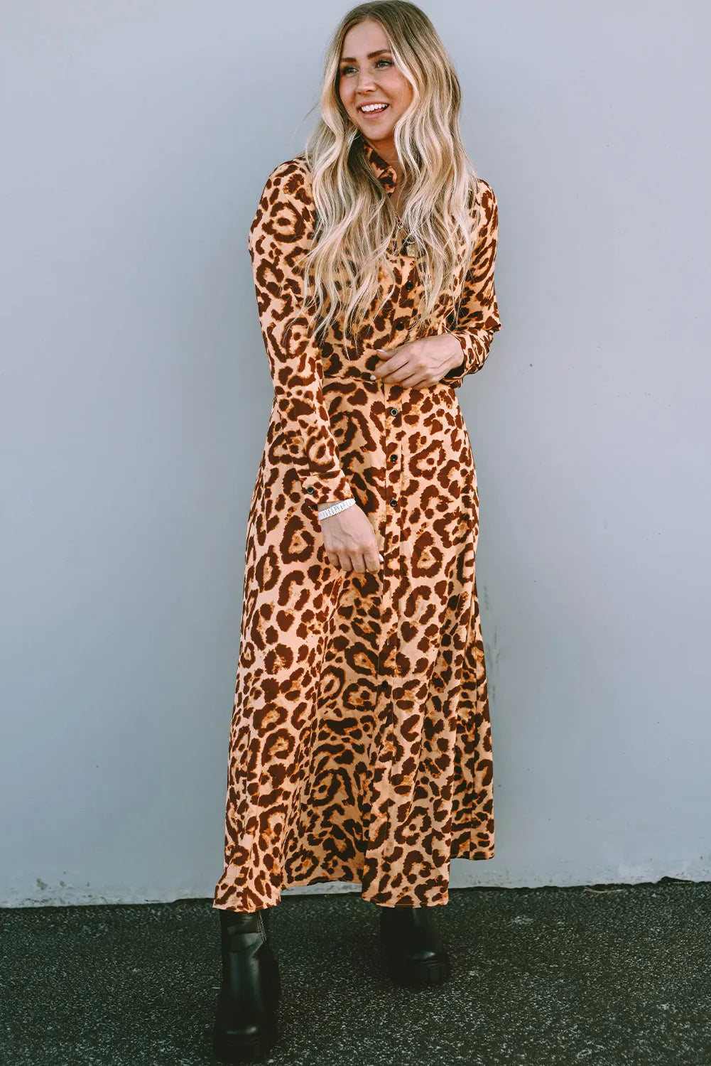 Leopard Button-Up Long Sleeve Maxi Dress - Chic Meadow Boutique 