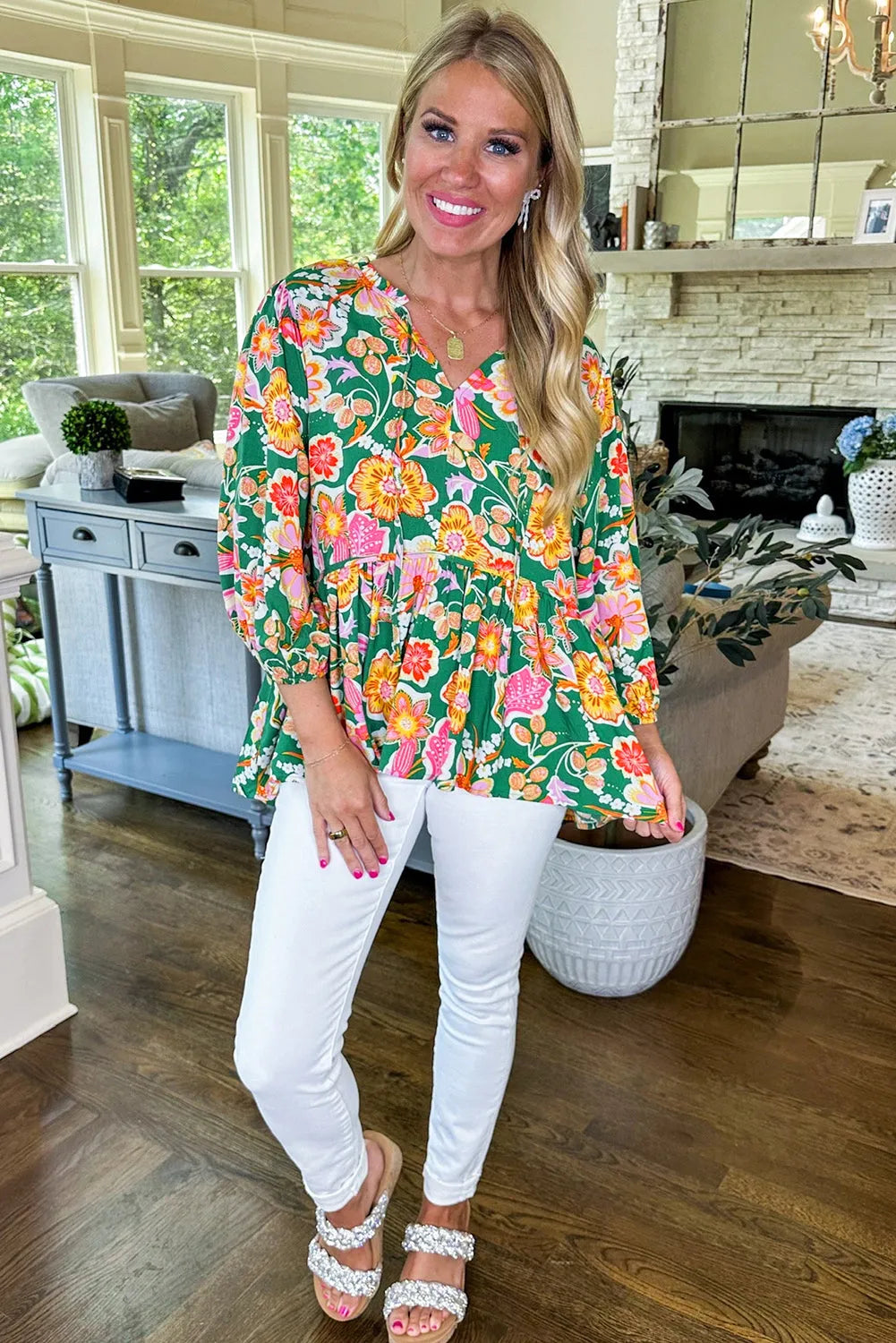 Green Floral Puff Sleeve V Neck Peplum Blouse - Chic Meadow Boutique 