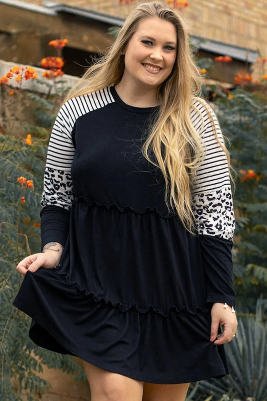 Black Plus Size Striped Leopard Patch Sleeve Ruffle Tiered Dress - Chic Meadow Boutique 