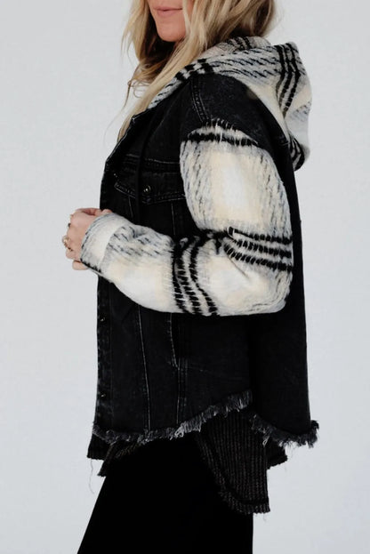 Black Plaid Sleeve Frayed Hem Hooded Denim Jacket - Chic Meadow Boutique 