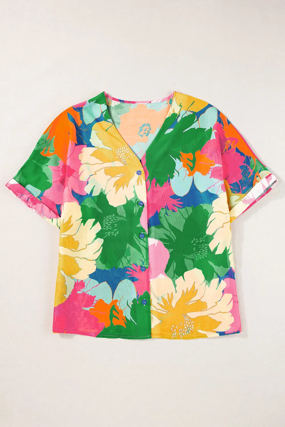 Multicolour Floral Print Folded Short Sleeve Shirt - Chic Meadow Boutique 