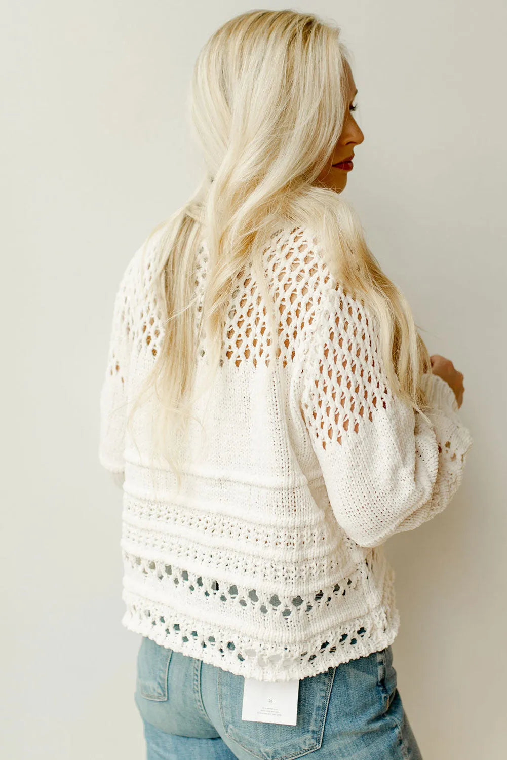 White Solid Color Pointelle Knit Puff Sleeve Sweater - Chic Meadow Boutique 