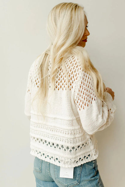 Tops/Sweaters & Cardigans White Solid Color Pointelle Knit Puff Sleeve Sweater