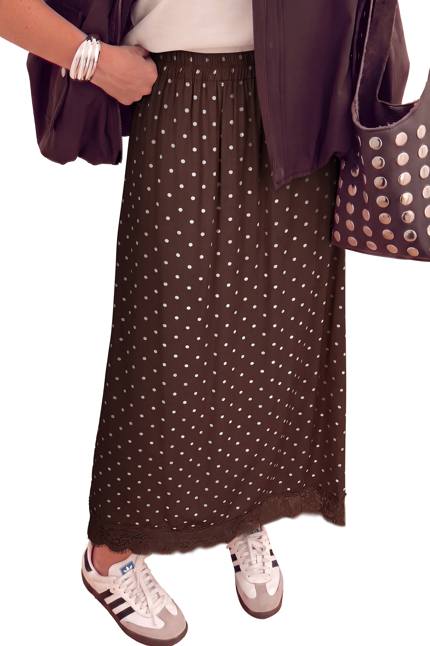 Brown Polka Dot Lace Hem Elegant Long Shift Skirt