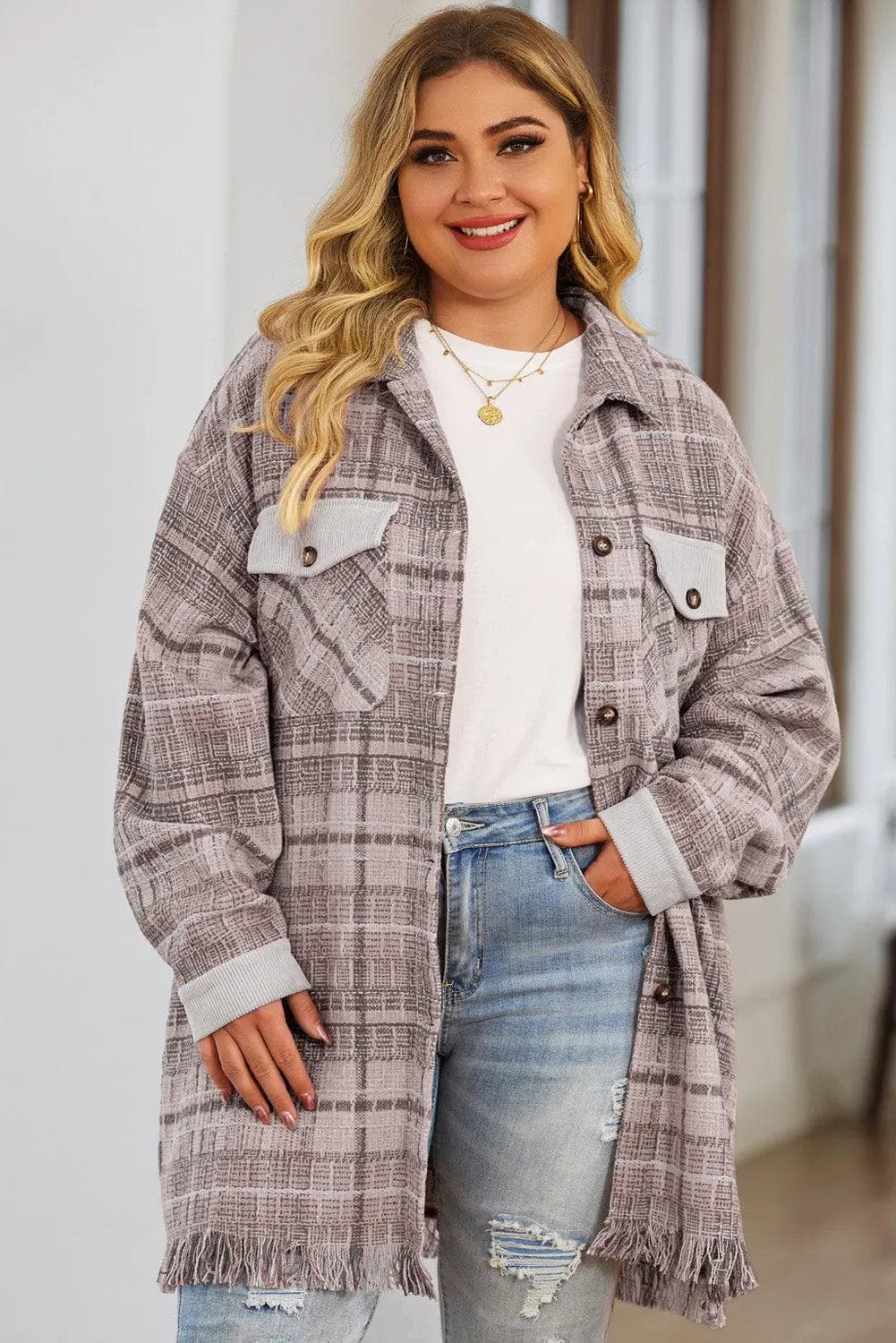 Plus Size/Plus Size Outerwear Pink Plus Size Macrame Plaid Coat