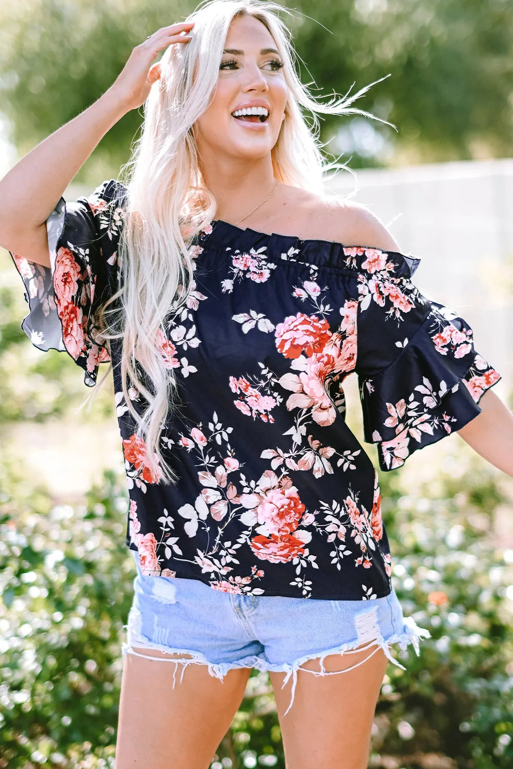 Blue Ruffle Off Shoulder Flounce Sleeve Floral Blouse - Chic Meadow Boutique 