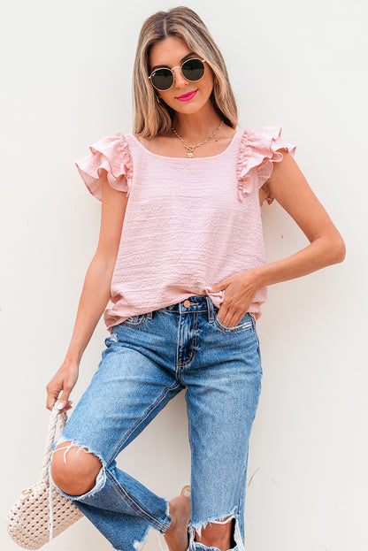 Gossamer Pink Textured Bow Knot Frilled Butterfly Sleeve Blouse