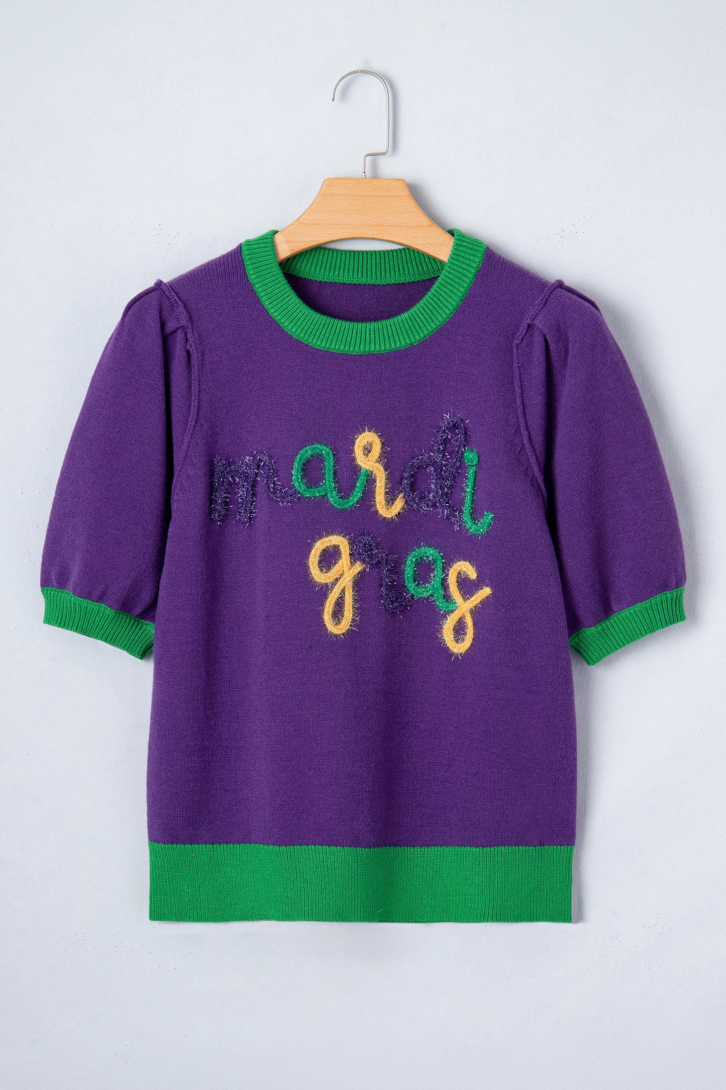 Tillandsia Purple Mardi Gras Tinsel Graphic Short Sleeve Sweater
