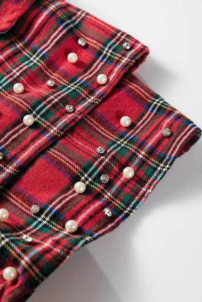 Red Festive Plaid Pearl Embellished Ruffle Short Sleeve Blouse