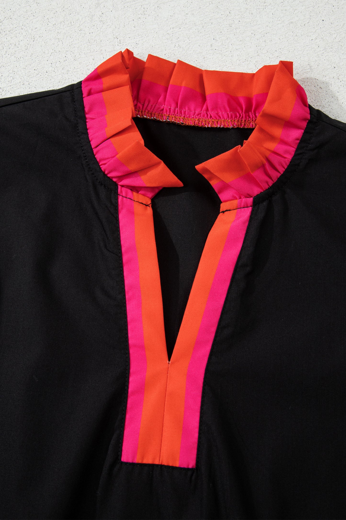 Black Striped Trim Ruffle Split Neck Long Sleeve Blouse