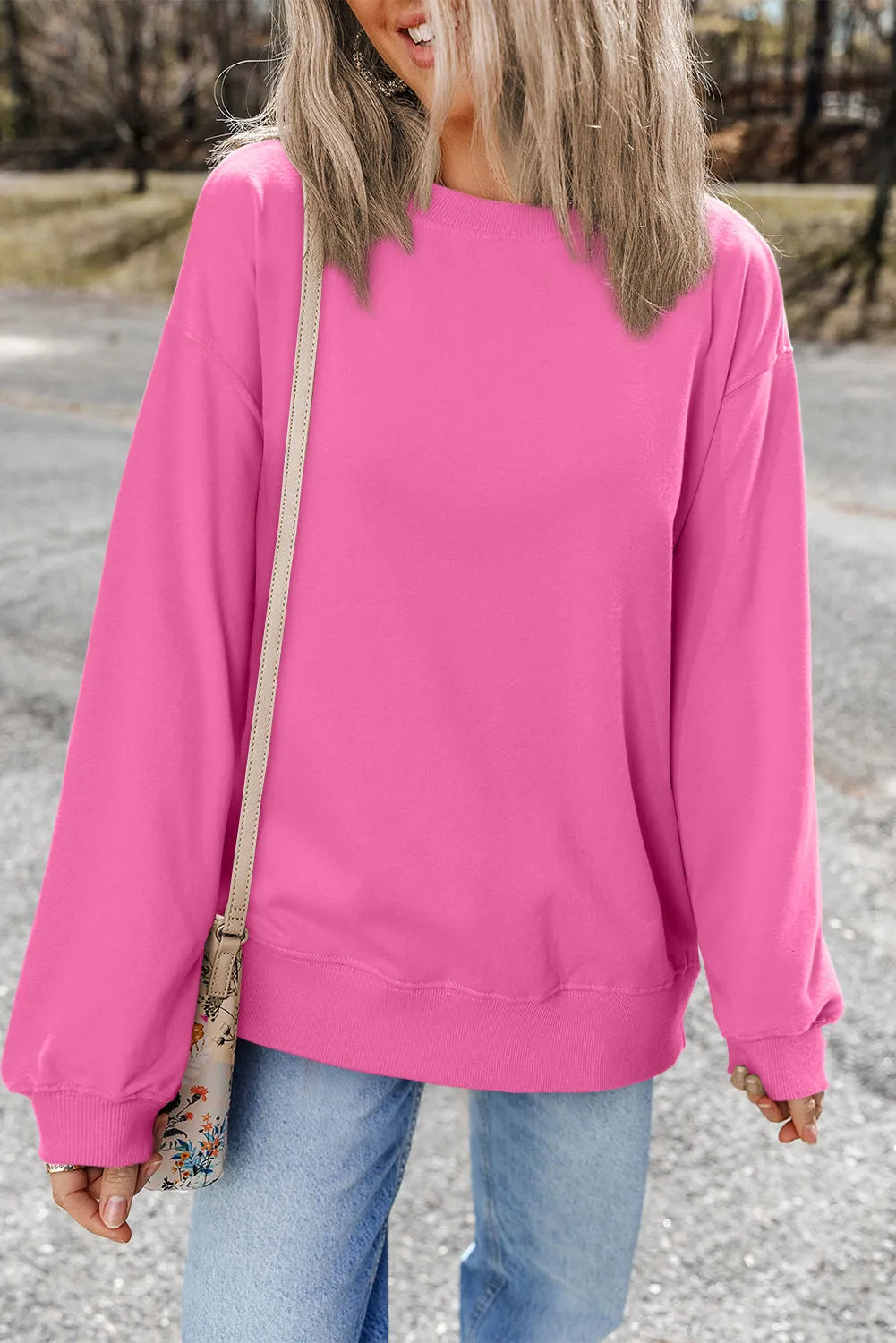 Bonbon Plain Drop Shoulder Crewneck Pullover Sweatshirt - Chic Meadow Boutique 