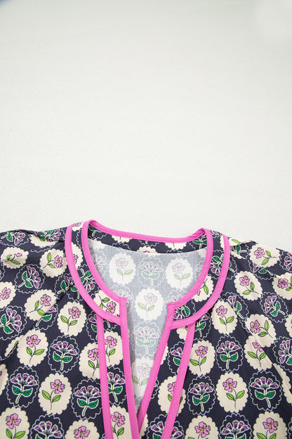 Blue Striped Trim Short Sleeve Vintage Floral Shift Dress