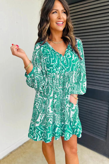 Green Bohemian Print Puff Sleeve Tied V Neck Flared Mini Dress - Chic Meadow Boutique 