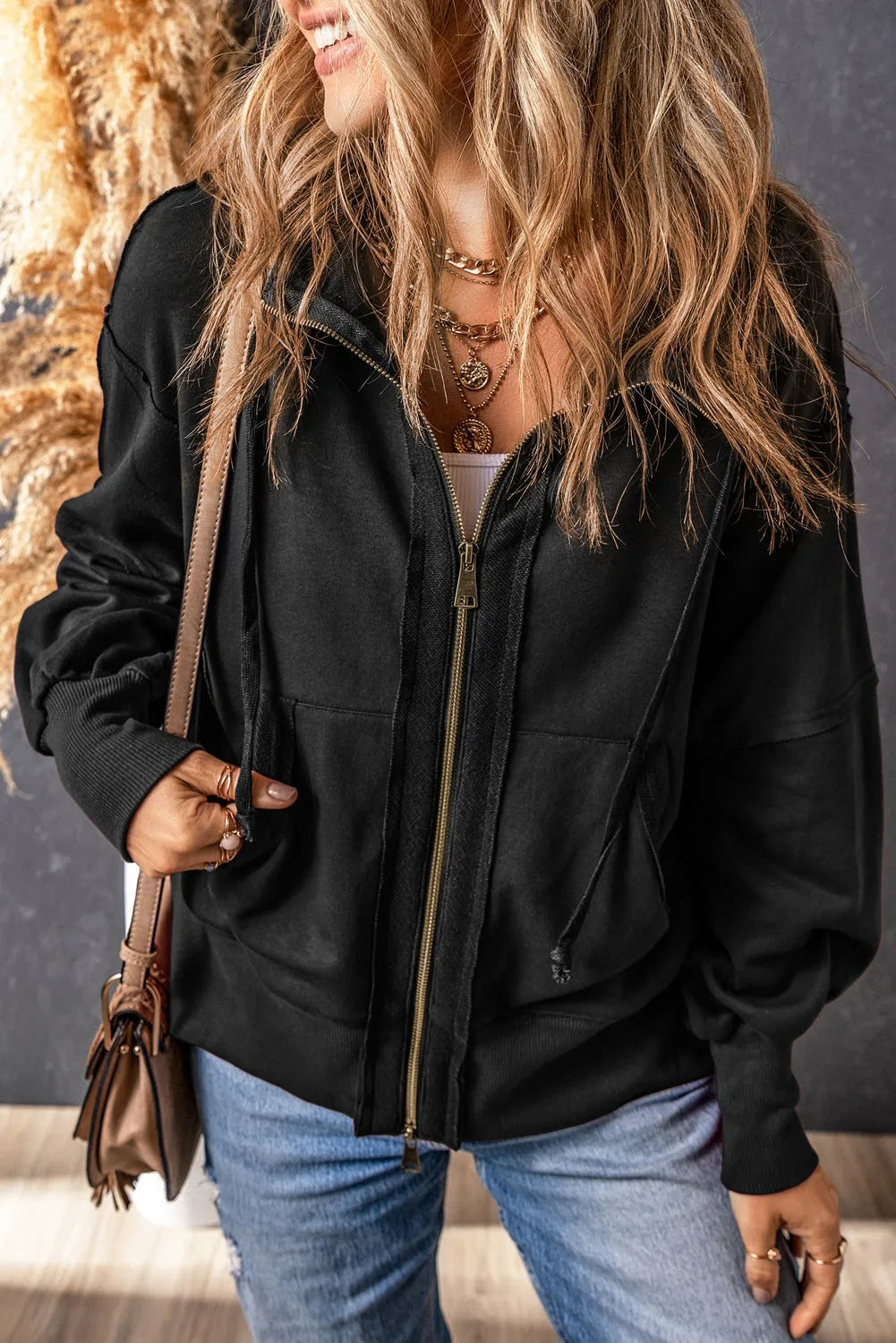 Black Raw Edge Exposed Seam Full Zip Hoodie - Chic Meadow Boutique 