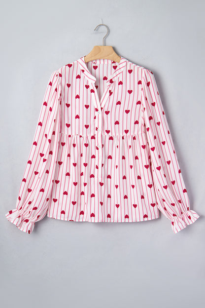 Pink Stripe Textured Heart Print Long Flounce Sleeve Shirt