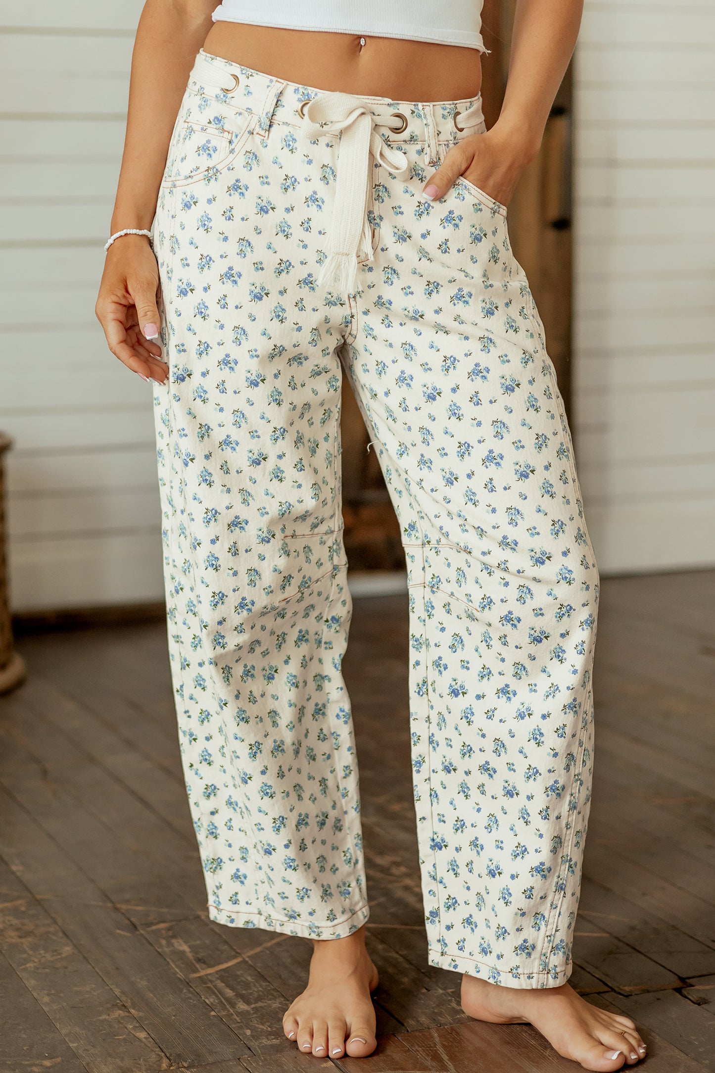 Beige Grommet Knot Waist Floral Barrel Leg Jeans