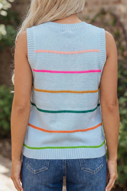 Sky Blue Stripe Round Neck Knitted Sweater Tank