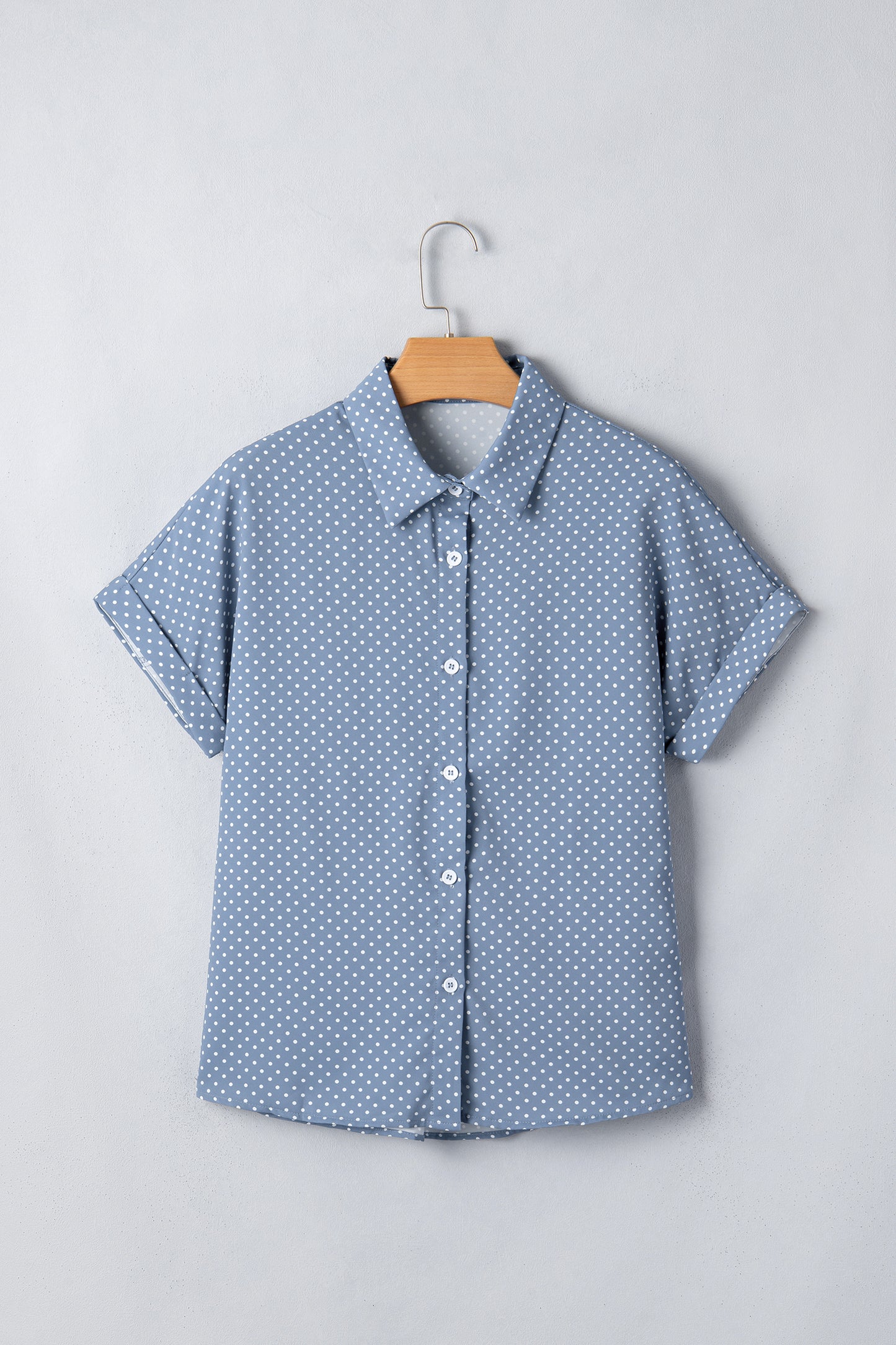Sky Blue Dotted Print Cuffed Short Sleeve Shirt