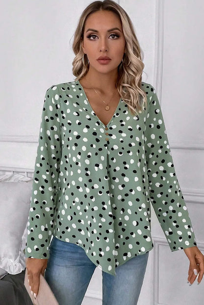 Green Polka Dot Print Button Front V Neck Blouse - Chic Meadow Boutique 